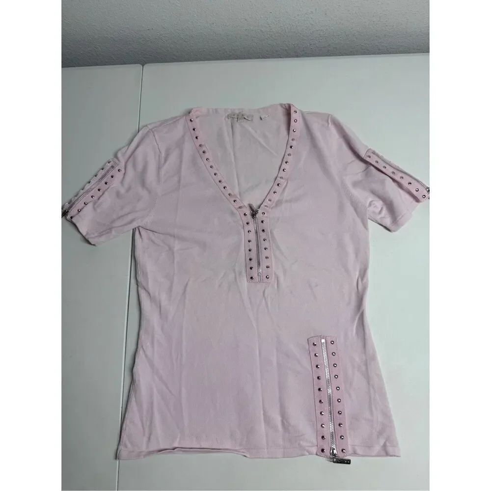 YUKA Women’s Bohemian Ribbed Top Zipper Trim Pink Silver Size T2 EU/ S US